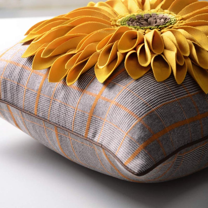 OiseauVoler 3D Sunflower Handmade Throw Pillow Cover Decorative Pillowcase Yellow Plaid for Home Bed Living Room Decor 18 x 18 Inch - Image 5