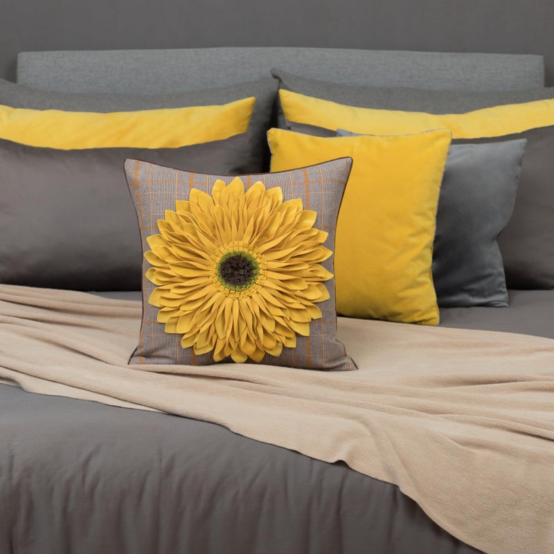 OiseauVoler 3D Sunflower Handmade Throw Pillow Cover Decorative Pillowcase Yellow Plaid for Home Bed Living Room Decor 18 x 18 Inch - Image 3
