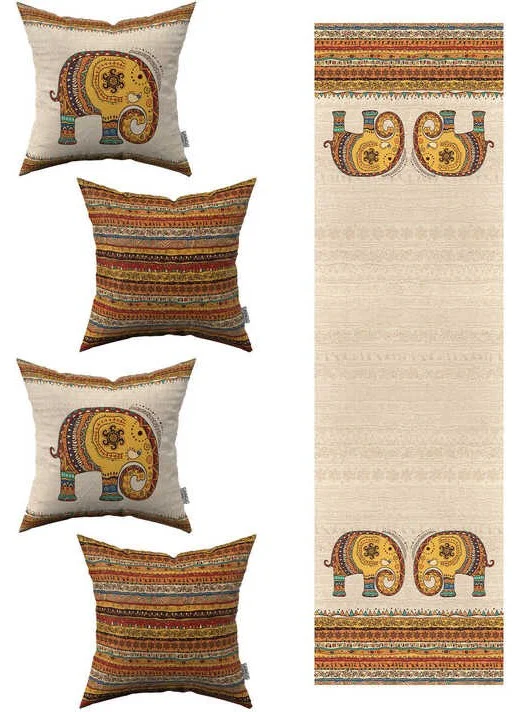 كانغو هوم Cream Orange Ethnic Elephant Patterned 4-Piece Throw Pillow Cover 1 Runner Set 4KMBS307-RS-1
