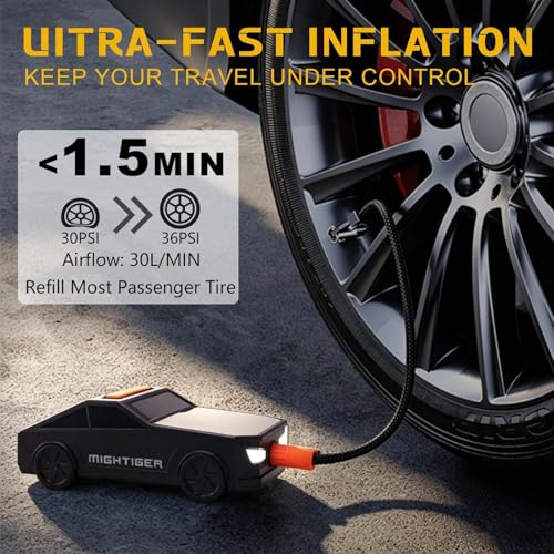 MIGHTIGER Portable Tire Inflator Car-Shaped Air Pump with Bluetooth, High-capacity Battery, Power Wireless Air Compressor with Built-in Speaker, Fast Inflation for All Types of Tires, Balls, and Toys - Image 3