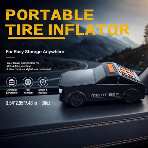 MIGHTIGER Portable Tire Inflator Car-Shaped Air Pump with Bluetooth, High-capacity Battery, Power Wireless Air Compressor with Built-in Speaker, Fast Inflation for All Types of Tires, Balls, and Toys - Image 5