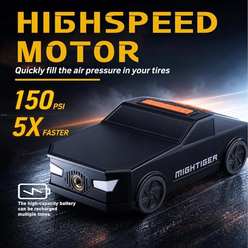 MIGHTIGER Portable Tire Inflator Car-Shaped Air Pump with Bluetooth, High-capacity Battery, Power Wireless Air Compressor with Built-in Speaker, Fast Inflation for All Types of Tires, Balls, and Toys - Image 4