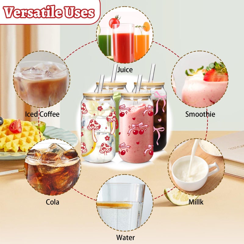 Mason Life Coquette Cute Glass Cup with Lids and Straws 4Pack 18oz Drinking Smoothie Tumbler Cherry Strawberry Mushroom Bow Valentines Day Gift Cup for Mother's Gift Girls Sister - Image 3