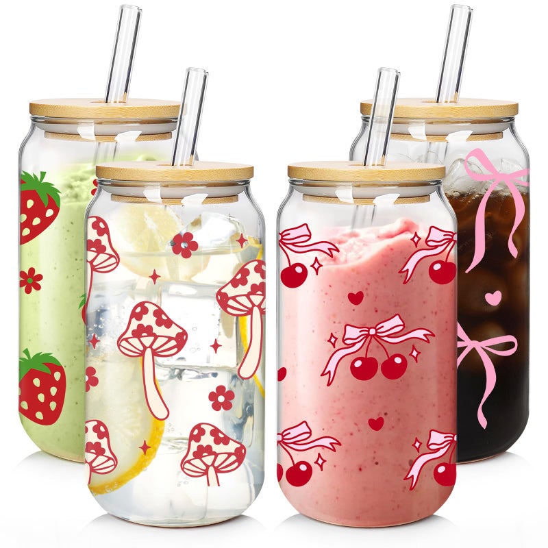 Mason Life Coquette Cute Glass Cup with Lids and Straws 4Pack 18oz Drinking Smoothie Tumbler Cherry Strawberry Mushroom Bow Valentines Day Gift Cup for Mother's Gift Girls Sister - Image 1