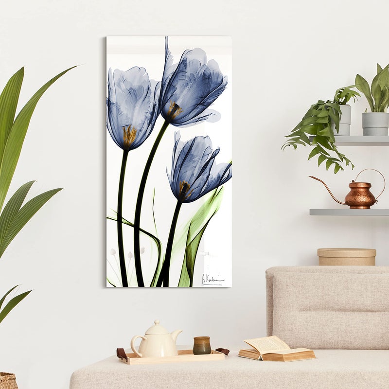 Empire Art Direct Empire Art Direct Frameless Free Floating Tempered Glass Panel Graphic Wall Art Ready to Hang 24 x 48 Three Blue Tulips 