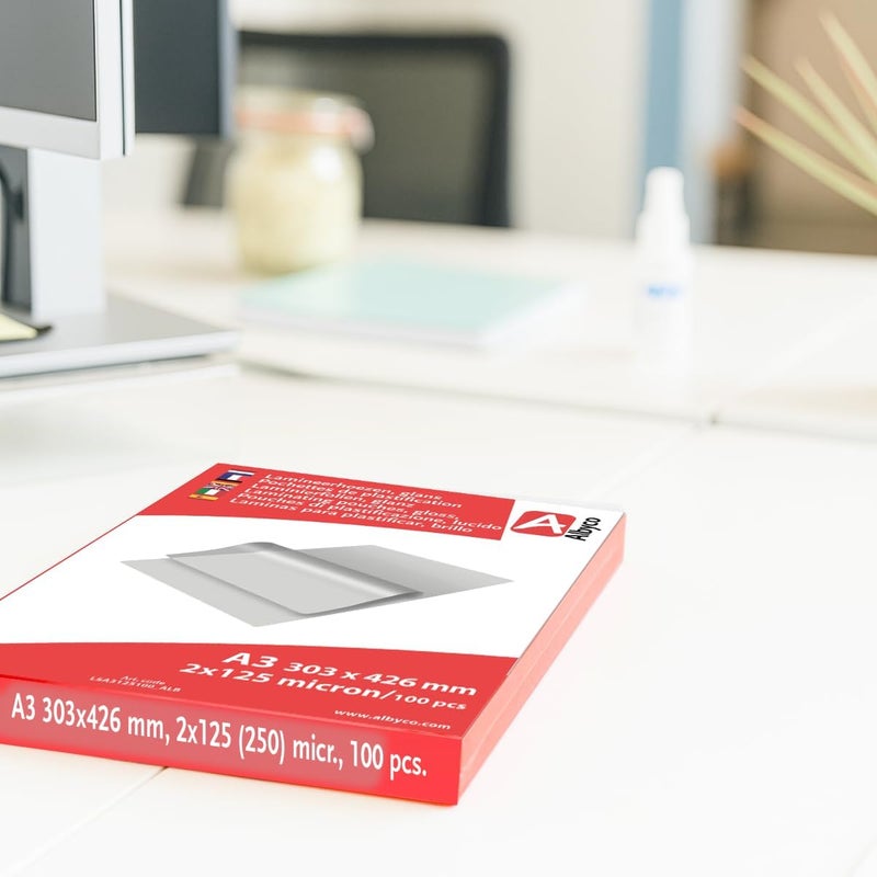 Albyco A3 غلاف تصفيح – ورقة تصفيح – لامع – لكل عبوة من 100 قطعة – سمك 250 ميكرون - Image 3