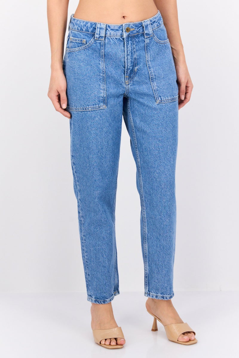 NAH/ Studio Women Mom Fit Mid Rise Straight Leg No Stretch Jeans, Mid Blue - Image 1