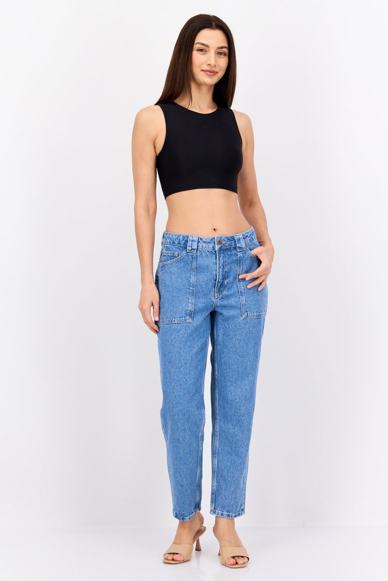 NAH/ Studio Women Mom Fit Mid Rise Straight Leg No Stretch Jeans, Mid Blue - Image 2