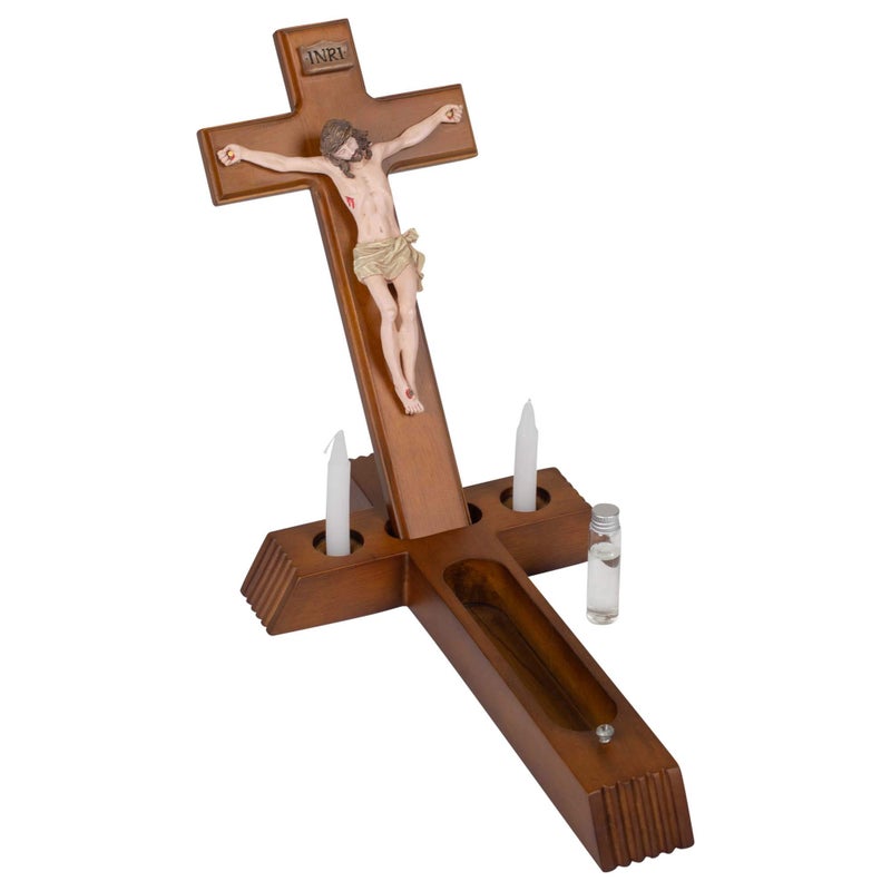 Roman Sick Call Crucifix Set 85 x 14 Resin Wall Crucifix with Candles and Mini Bottle 4Piece Set