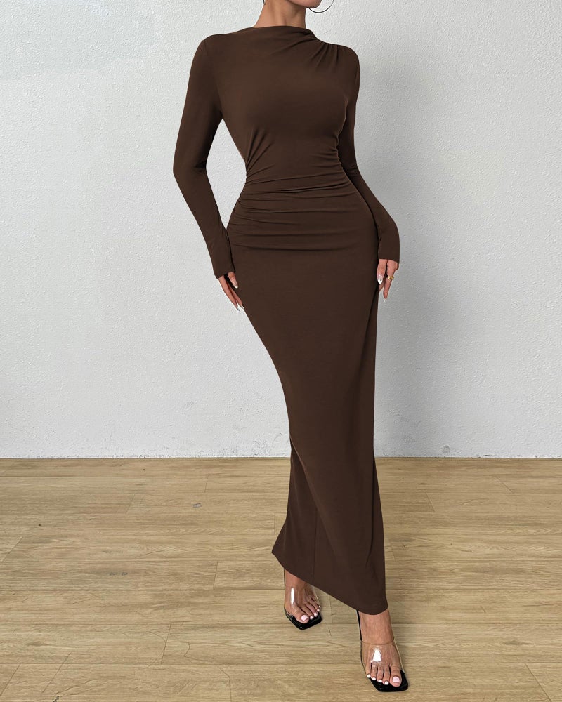 BTFBM Women Bodycon Maxi Dress Long Sleeve Back Slit Ruched Elegant Party Cocktail Formal Fall Wedding Guest Dresses(Brown, Large) - Image 2