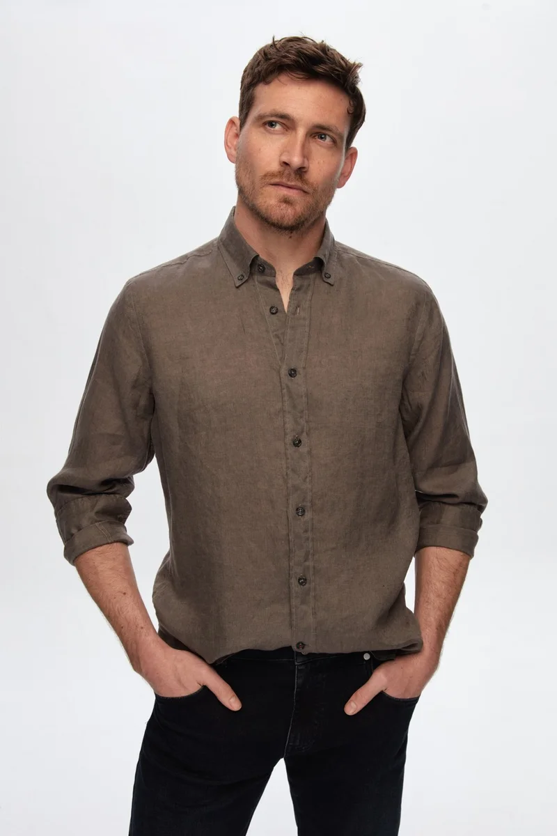 دي أس دامات D'S Groom Slim Fit Anthracite Plain Linen Shirt 0DC02SG12227M