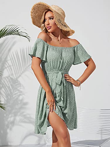 JECEIKA Women Boho Off Shoulder Ruffle Bohemian Summer Wedding Guest Dress 2025 Beach Hawaiian Dress, Green Floral, Large JC236-2-L - Image 3