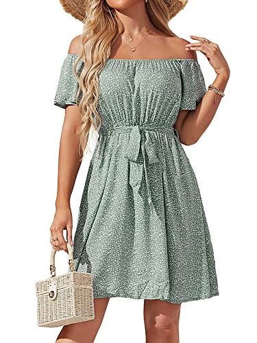 JECEIKA Women Boho Off Shoulder Ruffle Bohemian Summer Wedding Guest Dress 2025 Beach Hawaiian Dress, Green Floral, Large JC236-2-L - Image 1