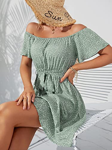 JECEIKA Women Boho Off Shoulder Ruffle Bohemian Summer Wedding Guest Dress 2025 Beach Hawaiian Dress, Green Floral, Large JC236-2-L - Image 5