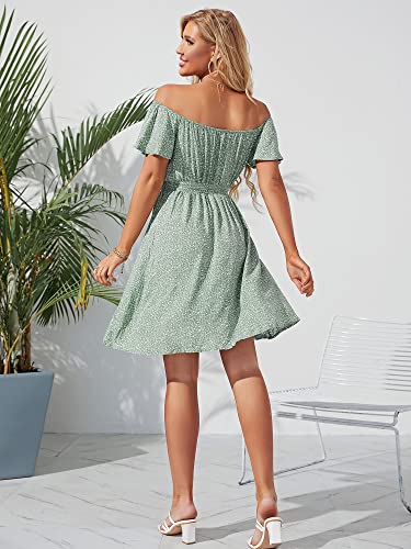 JECEIKA Women Boho Off Shoulder Ruffle Bohemian Summer Wedding Guest Dress 2025 Beach Hawaiian Dress, Green Floral, Large JC236-2-L - Image 2