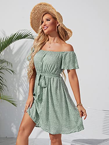 JECEIKA Women Boho Off Shoulder Ruffle Bohemian Summer Wedding Guest Dress 2025 Beach Hawaiian Dress, Green Floral, Large JC236-2-L - Image 4