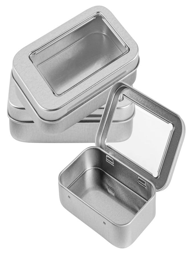 Restaurantware-RW Base 4.5 Ounce Rectangular Tin Containers, 10 Durable Tin Boxes With Lids - Clear Window Lids, Rounded Edges, Silver Storage Containers, Customizable, Fits Mints, Or Pills - Image 1