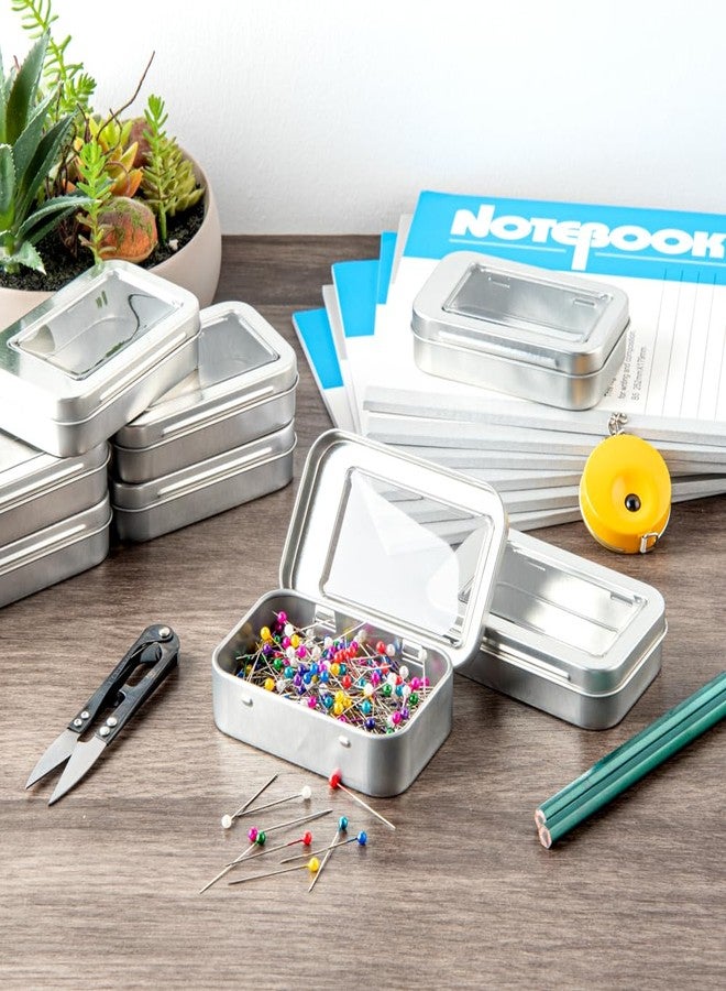 Restaurantware-RW Base 4.5 Ounce Rectangular Tin Containers, 10 Durable Tin Boxes With Lids - Clear Window Lids, Rounded Edges, Silver Storage Containers, Customizable, Fits Mints, Or Pills - Image 3