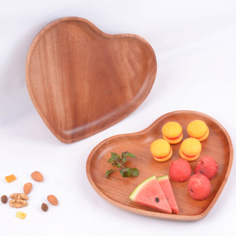 VieWood Heart Wooden Plates Set of 2 Unbreakable Classic Appetizer Plates Easy Cleaning  Light weight for Dishes Snack Dessert Khaya 87