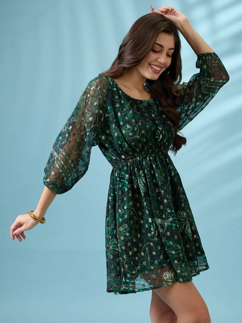 globus Globus Women Green Reglan Sleeves Stylized Back Floral Printed Lurex Detail Fit & Flare Mini Georgette Party Dress