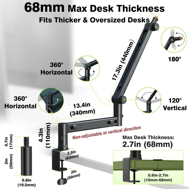 AA AUDIO ACCESSORY Low Profile Boom Arm (Design for Heavy Mic) 6.6lbs Load Capacity, Stable Gear Lock Structure Never Sags, Metal Microphone Stand Desk Mount for Shure SM7B MV7+, Blue Yeti,Rode PodMic - Image 3