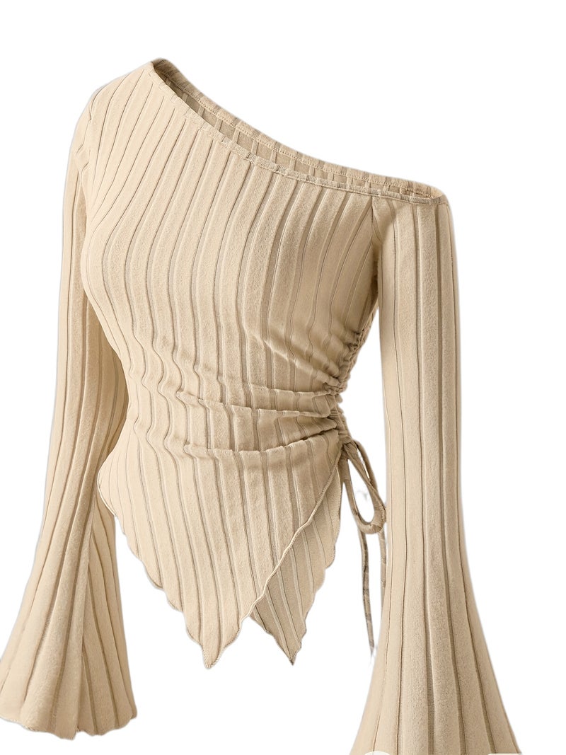 Tingyun Women's Elegant Off - Shoulder Ribbed Top with Batwing Sleeves & Asymmetrical Hem - Beige Slim Fit Stretchy T - Shirt for Spring\u002FSummer, Machine Washable, Spring Summer... - Image 1