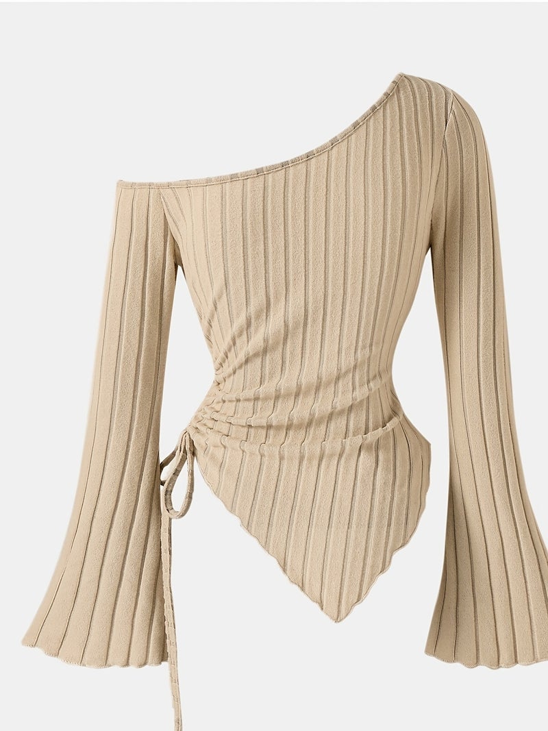 Tingyun Women's Elegant Off - Shoulder Ribbed Top with Batwing Sleeves & Asymmetrical Hem - Beige Slim Fit Stretchy T - Shirt for Spring\u002FSummer, Machine Washable, Spring Summer... - Image 2