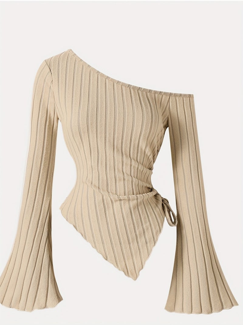 Tingyun Women's Elegant Off - Shoulder Ribbed Top with Batwing Sleeves & Asymmetrical Hem - Beige Slim Fit Stretchy T - Shirt for Spring\u002FSummer, Machine Washable, Spring Summer... - Image 3
