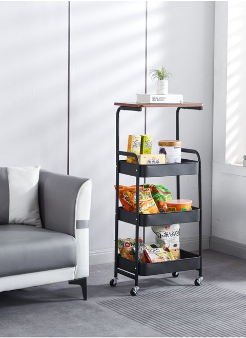 Metal Storage Cart with Table Cart - 4 Tier Rolling Cart, Organizer Cart, with Lockable Wheels, for Living Room, Bathroom, Bedroom, Office, Kitchen (Black)