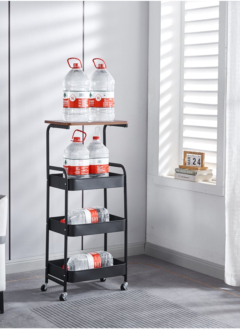 Metal Storage Cart with Table Cart - 4 Tier Rolling Cart, Organizer Cart, with Lockable Wheels, for Living Room, Bathroom, Bedroom, Office, Kitchen (Black)