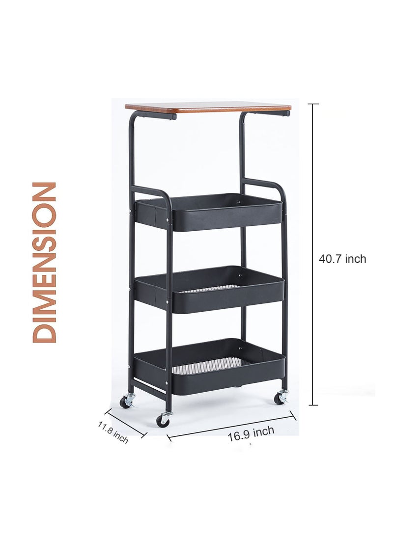 Metal Storage Cart with Table Cart - 4 Tier Rolling Cart, Organizer Cart, with Lockable Wheels, for Living Room, Bathroom, Bedroom, Office, Kitchen (Black)