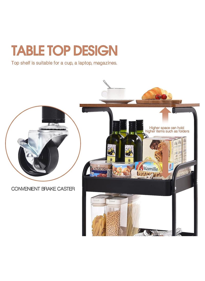 Metal Storage Cart with Table Cart - 4 Tier Rolling Cart, Organizer Cart, with Lockable Wheels, for Living Room, Bathroom, Bedroom, Office, Kitchen (Black)