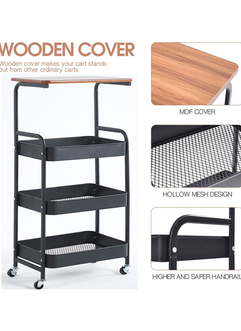 Metal Storage Cart with Table Cart - 4 Tier Rolling Cart, Organizer Cart, with Lockable Wheels, for Living Room, Bathroom, Bedroom, Office, Kitchen (Black)