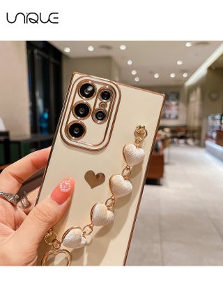 For Samsung Galaxy S23 Ultra 5G Case - Luxury Heart Bracelet - Cute Love Hearts Cover - Camera Protection - Shockproof Bumper - White - view 2