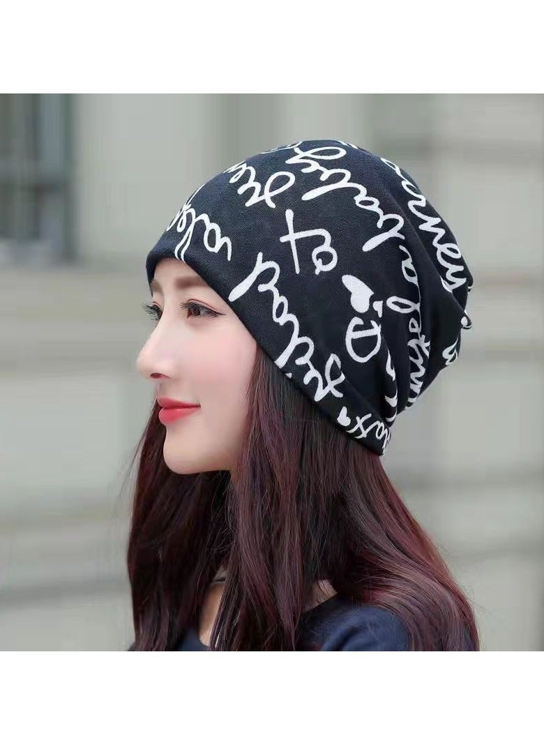 AROAQ Women Casual Beanies Hat, Autumn And Winter Comfortable Twist Hat Bib For Women, Soft Stretchy Women Knit Cap, Warm Neck Sheath Head Hat For Women Girls Teens, ( Black Letters)  - Image 1