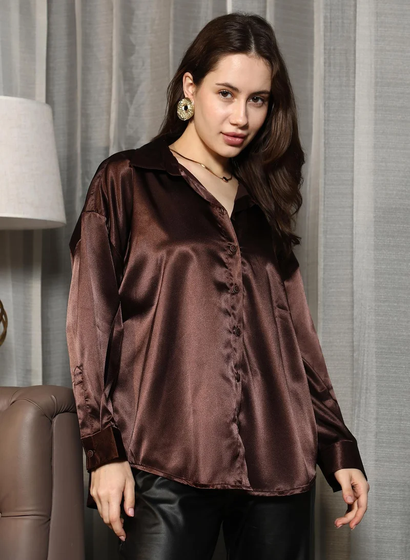 Pinacolada  Women's Coffee Brown Solid Satin Oversized Shirt for Women | Best Price UAE