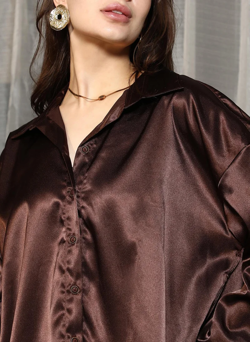 Pinacolada  Women's Coffee Brown Solid Satin Oversized Shirt for Women | Best Price UAE