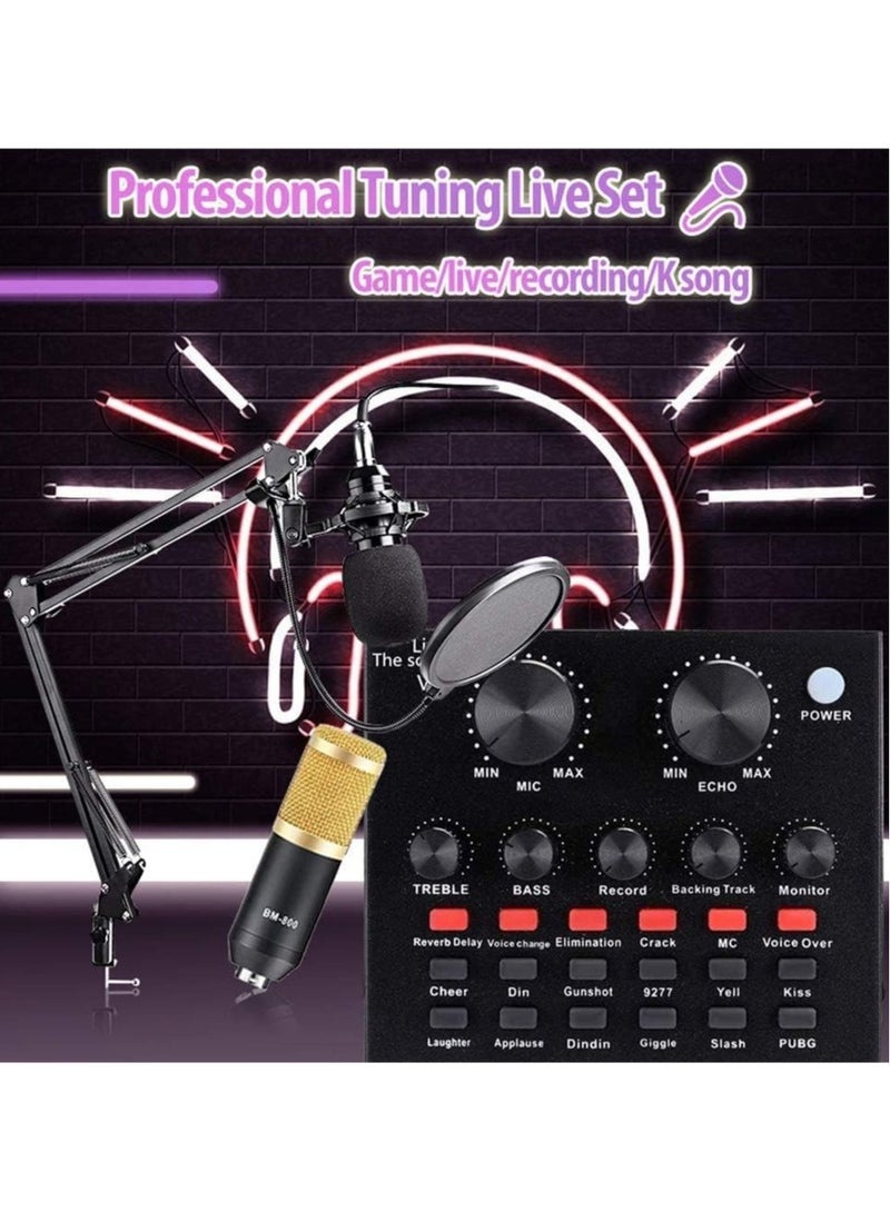 Condenser Microphone Set with Live Sound Card for Studio Recording and Broadcasting, Adjustable Suspension Microphone Gold - Image 2