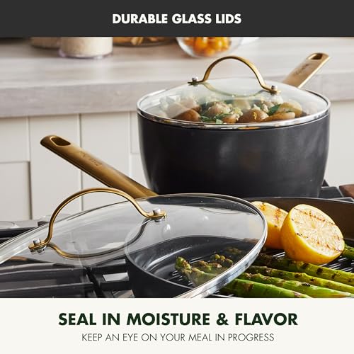 GreenPan Hard Anodized Healthy Ceramic Nonstick 8 and 10 Frying Pan Skillet Set Gold Handle PFASFree Dishwasher Safe Oven Safe Black - Image 3