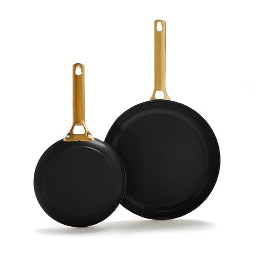 GreenPan Hard Anodized Healthy Ceramic Nonstick 8 and 10 Frying Pan Skillet Set Gold Handle PFASFree Dishwasher Safe Oven Safe Black - Image 1