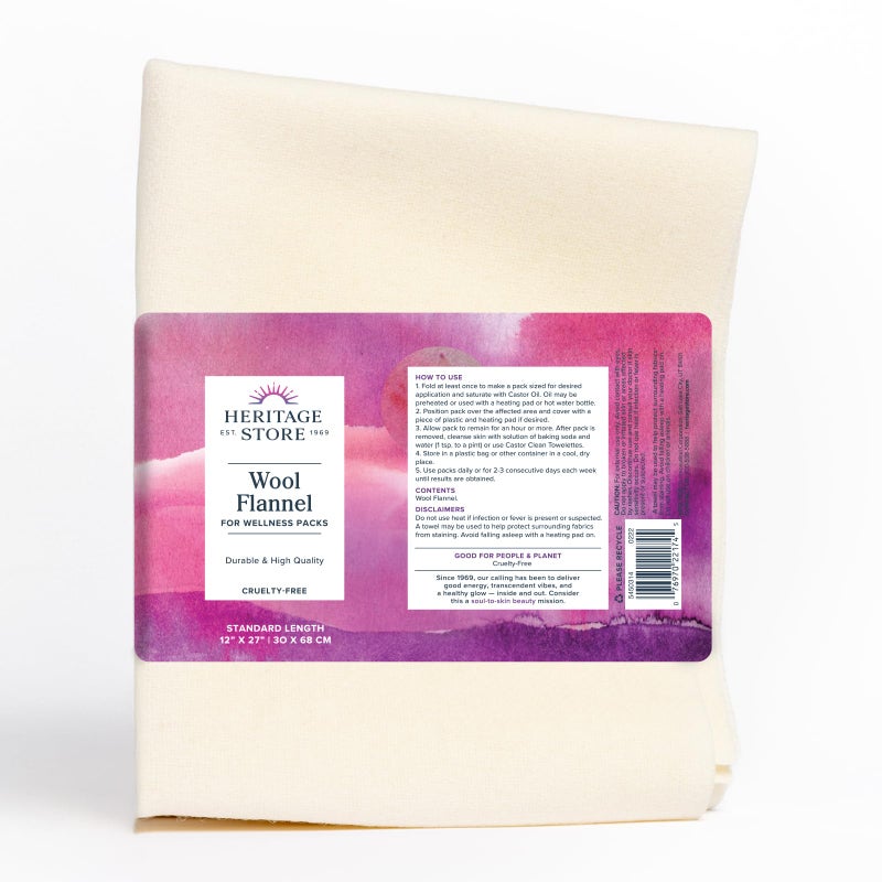 HERITAGE STORE Wool Flannel for Castor Oil Pack, Reusable & Highly Absorbent, Creates a Soothing Heat Compress for Abdomen, Joints & Other Areas, Cruelty Free, 12 x 27 in - Image 1