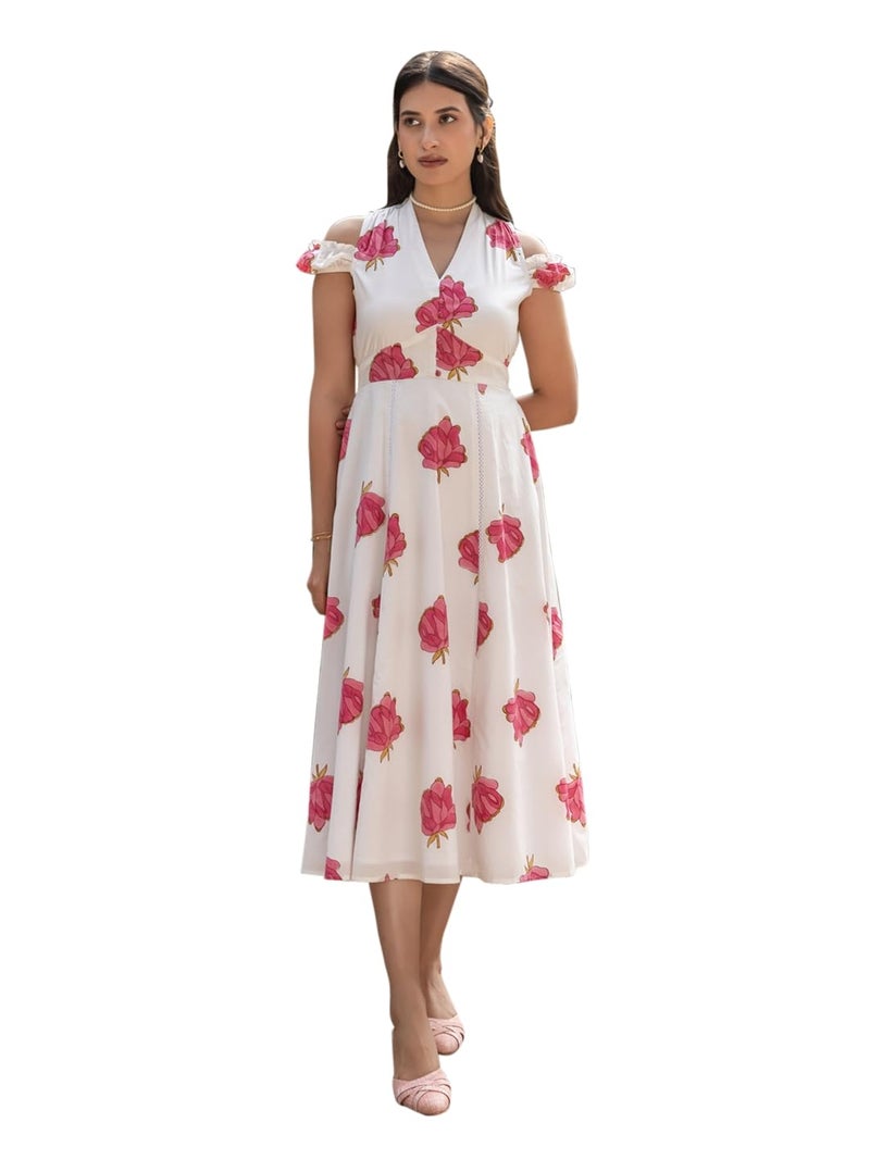 FIORRA Women's White Floral Print Cotton Midi Dress DR0020 - Image 1