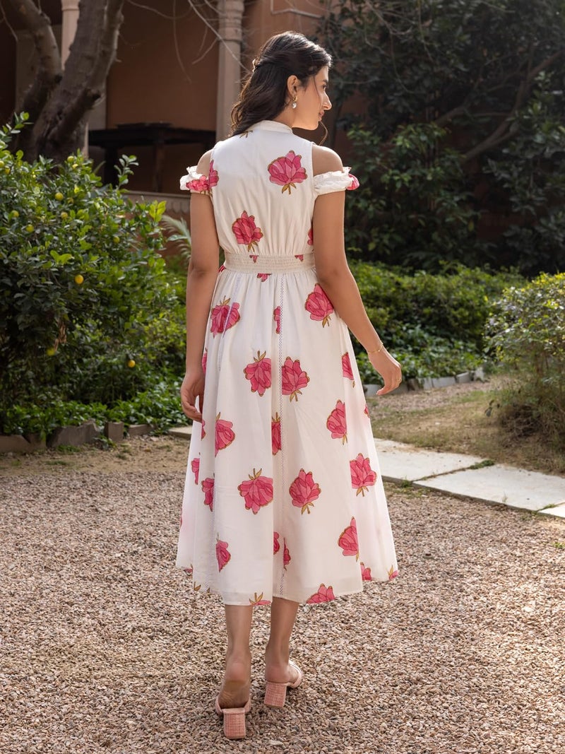 FIORRA Women's White Floral Print Cotton Midi Dress DR0020 - Image 2