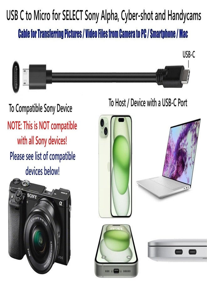 ienza USB C to Micro File Transfer Cable for Sony Alpha 6000, 7, 68, 5000, 5100, 6300, 6500, 77II, 7IIK, 99II, for Select Alpha, Cyber-shot, Handycam & Action Camera (See Compatibility Table Before Buying) - Image 2
