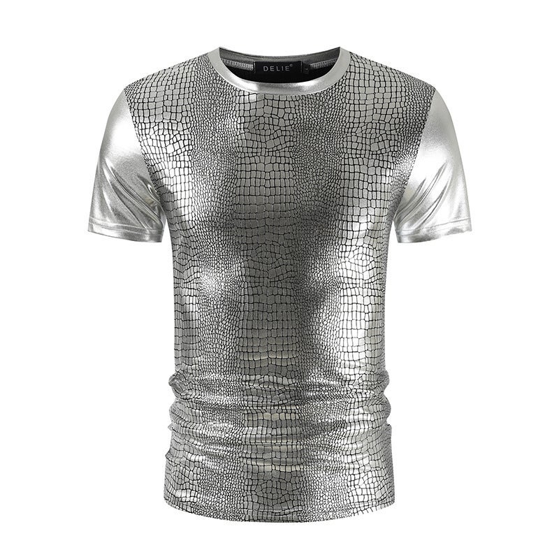 2025 New Summer Men's Slim Short-Sleeved T-Shirt Trendy Men's Glossy Nightclub Snake Pattern Bronzing Fabric T-Shirt Et01 - Image 1