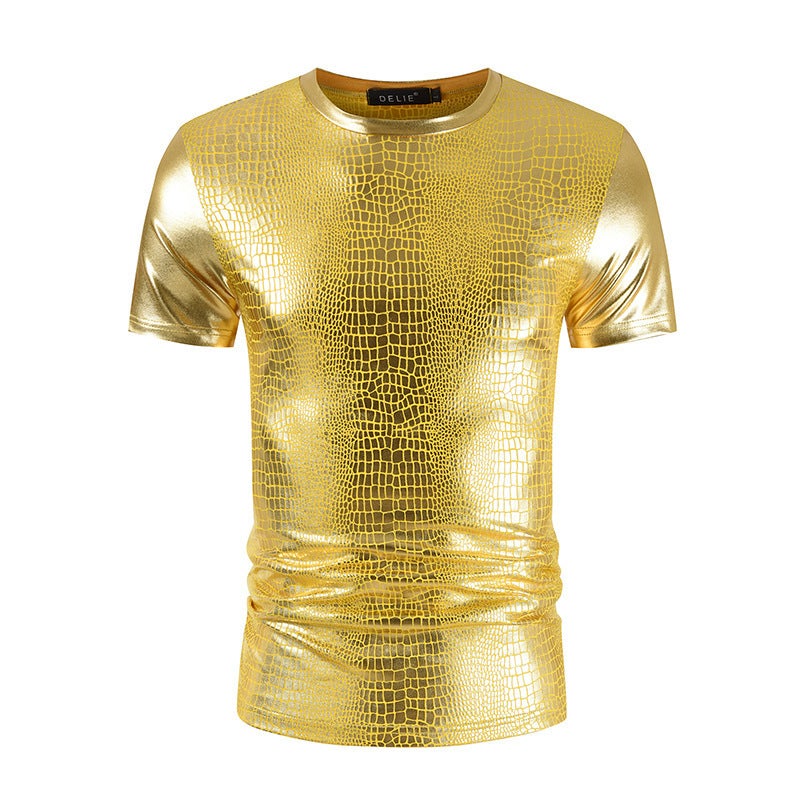 2025 New Summer Men's Slim Short-Sleeved T-Shirt Trendy Men's Glossy Nightclub Snake Pattern Bronzing Fabric T-Shirt Et01 - Image 2