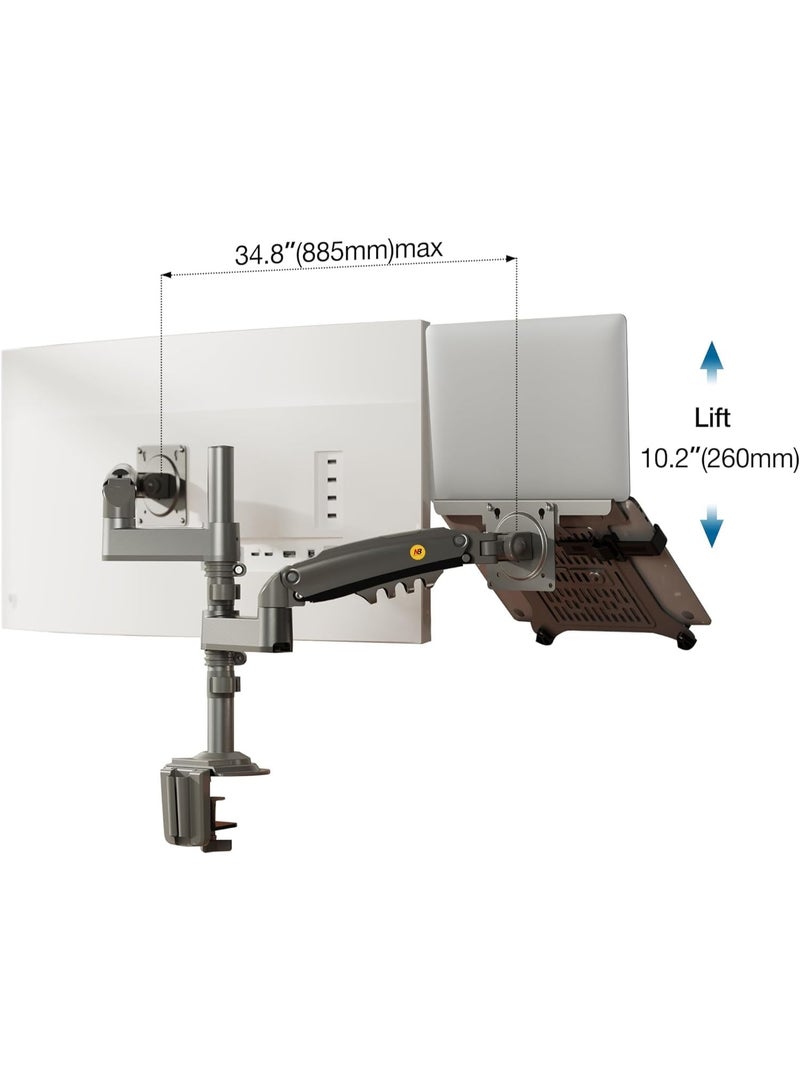 حامل شاشة ولابتوب مزدوج – حامل مكتبي متحرك 2×1 – مناسب للابتوب 10-17 بوصة وشاشات 22-32 بوصة – تركيب مشبك على المكتب - Image 1