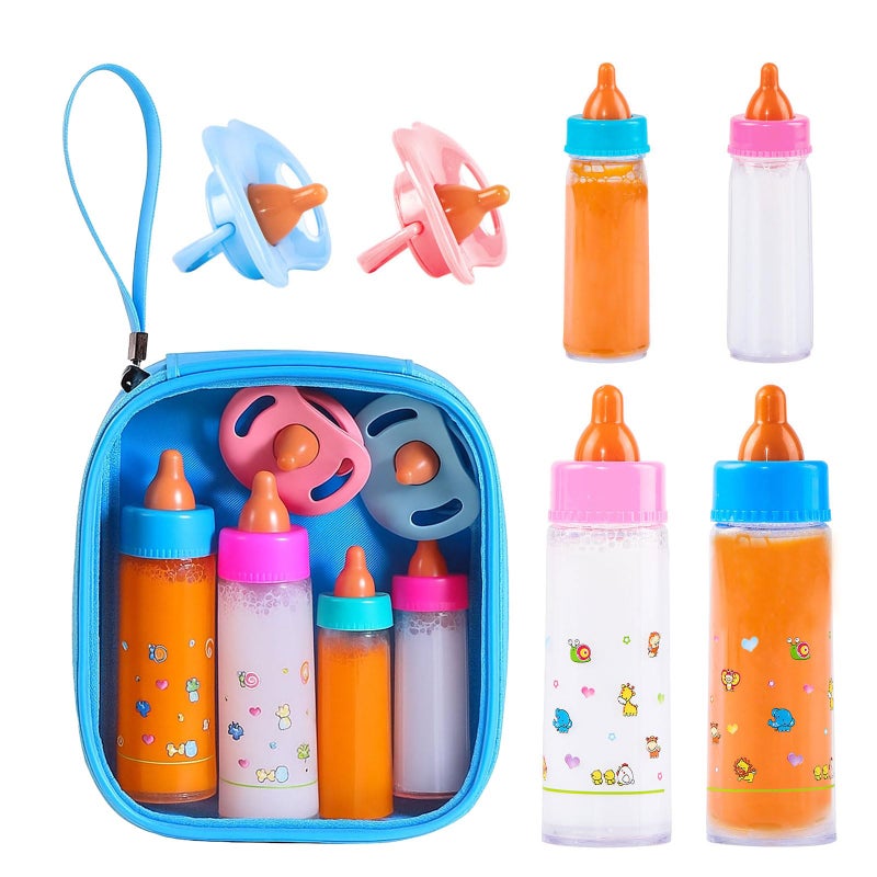 SCOM Baby Doll Bottle Accessories 6 Pcs Feeding Bottle Toys Magic Disappearing Milk Juice Pretend Play Set with Pacifiers Kids Gift Blue - Image 3