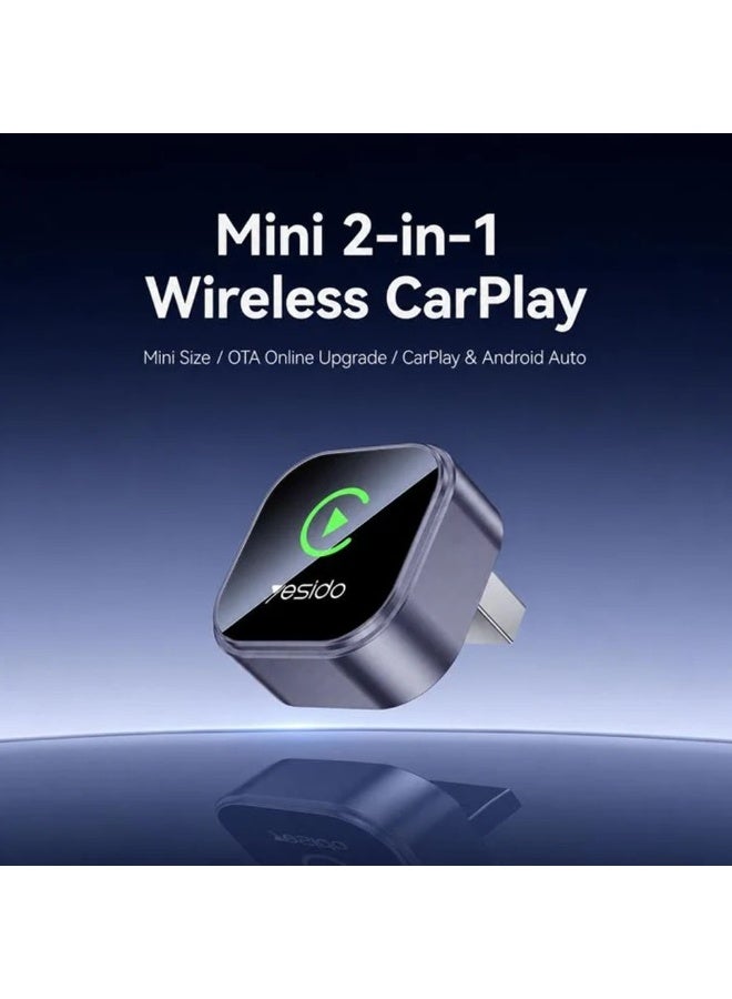 يسيدو محول Yesido KM31 اللاسلكي بنظام "التوصيل والتشغيل" (Plug & Play) لتحويل CarPlay إلى لاسلكي، يدعم شبكة Wi-Fi ثلاثية النطاق (5.8G/5G/2.4G) وتقنية Bluetooth 5.0 ودقة 1080P، مع محول USB-C مرفق. - Image 2
