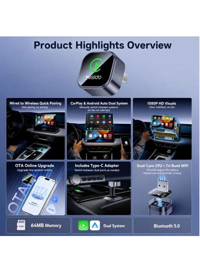 يسيدو محول Yesido KM31 اللاسلكي بنظام "التوصيل والتشغيل" (Plug & Play) لتحويل CarPlay إلى لاسلكي، يدعم شبكة Wi-Fi ثلاثية النطاق (5.8G/5G/2.4G) وتقنية Bluetooth 5.0 ودقة 1080P، مع محول USB-C مرفق. - Image 3